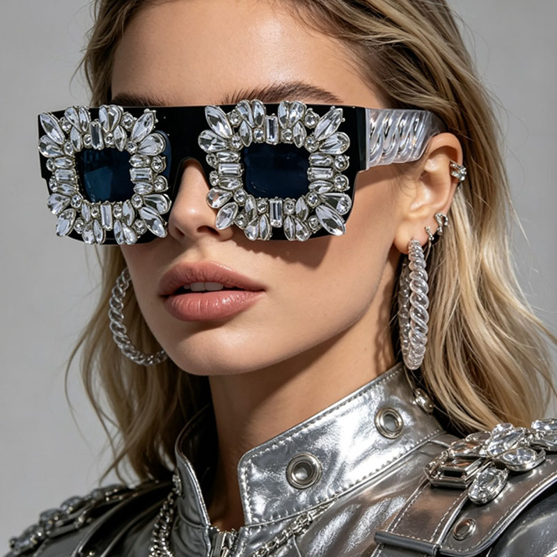 Sunglass Retainer Cord - Abartılı Bling Rhinestone Kare Gözlük Kadınlar